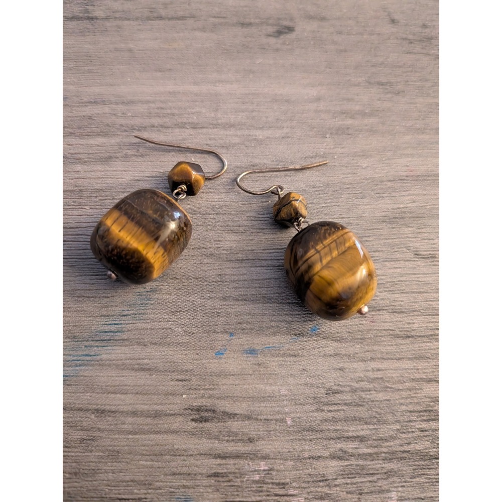 Vintage Tigers Eye Dangle Earrings Natural Stone Brown Gold Boho Drop Jewelry